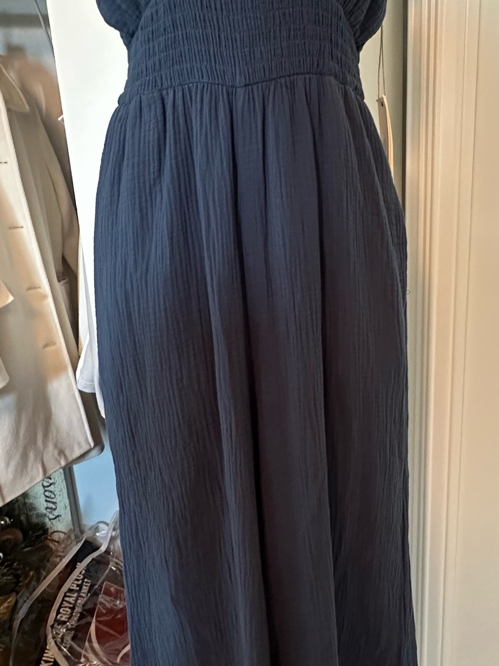 Women's Navy Smocked-Waist Wide-Leg Jumpsuit